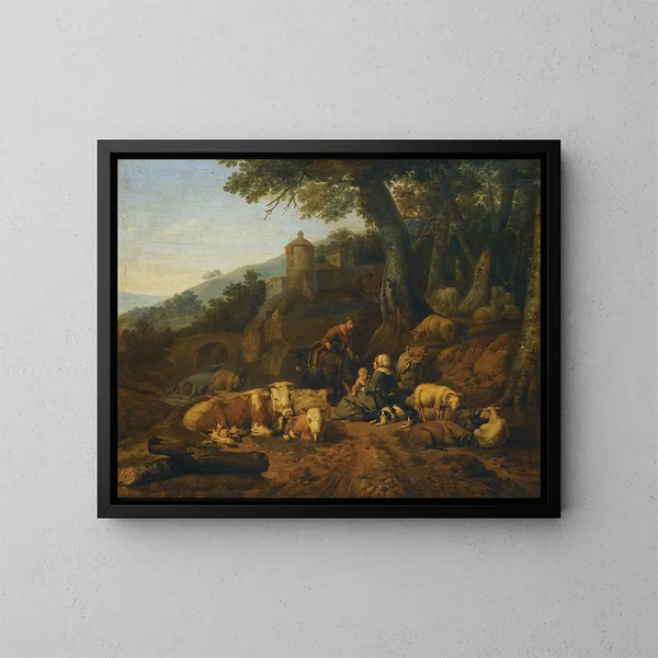 Un paisaje con conductores y su rebaño en reposo - Johann Heinrich Roos — cuadro enmarcado en la pared
