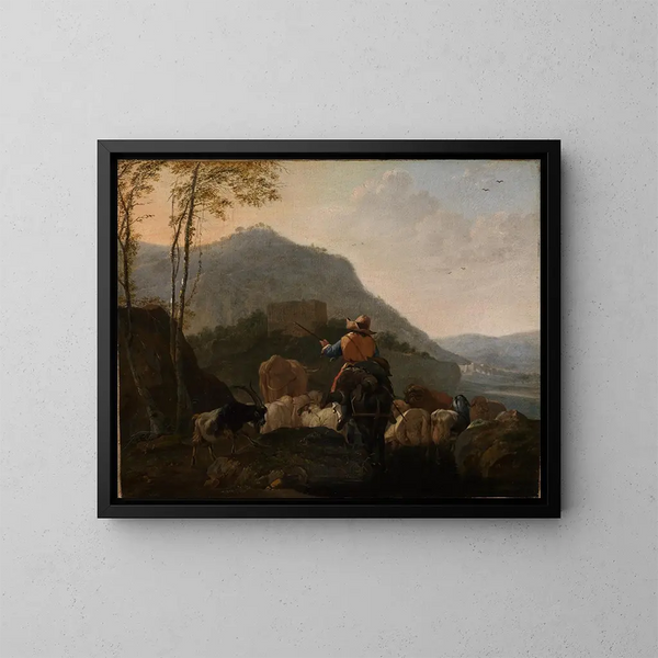 Bergers partant avec leur troupeau dans un paysage montagneux du sud - Johann Heinrich Roos — cuadro enmarcado en la pared