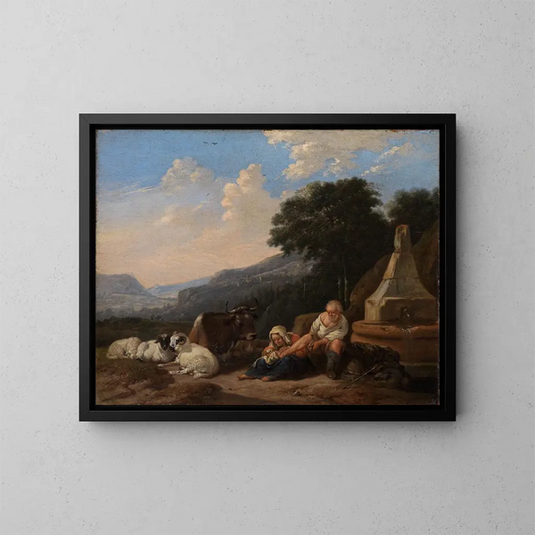 Paisaje de montaña con pastores cerca de un pozo - Johann Heinrich Roos — cuadro enmarcado en la pared
