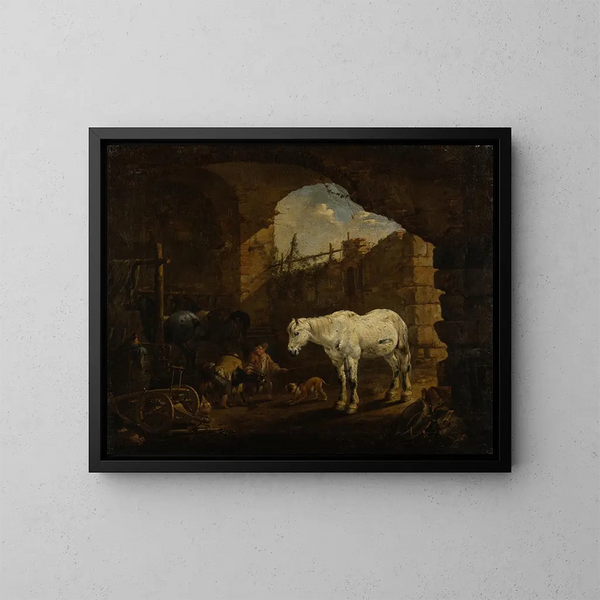 Niños jugando en un establo - Johann Heinrich Roos — cuadro enmarcado en la pared