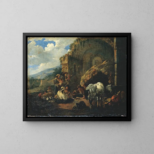 Campamento de gitanos en una ruina romana - Johann Heinrich Roos — cuadro enmarcado en la pared