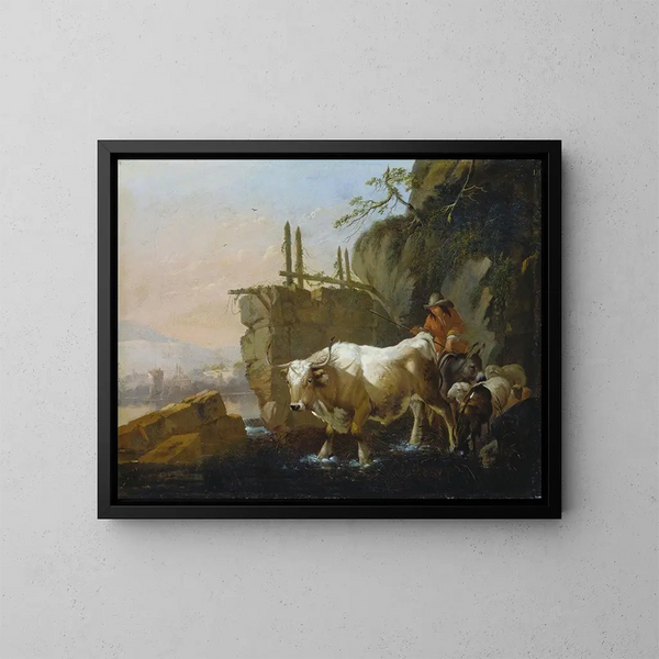 Bergers conduciendo del ganado a través de un vado - Johann Heinrich Roos — cuadro enmarcado en la pared