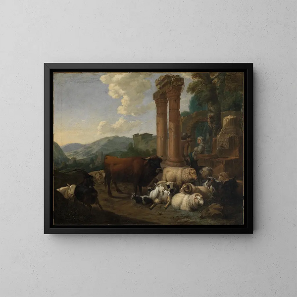 Escena de pastores en un paisaje de ruinas romanas - Johann Heinrich Roos — cuadro enmarcado en la pared