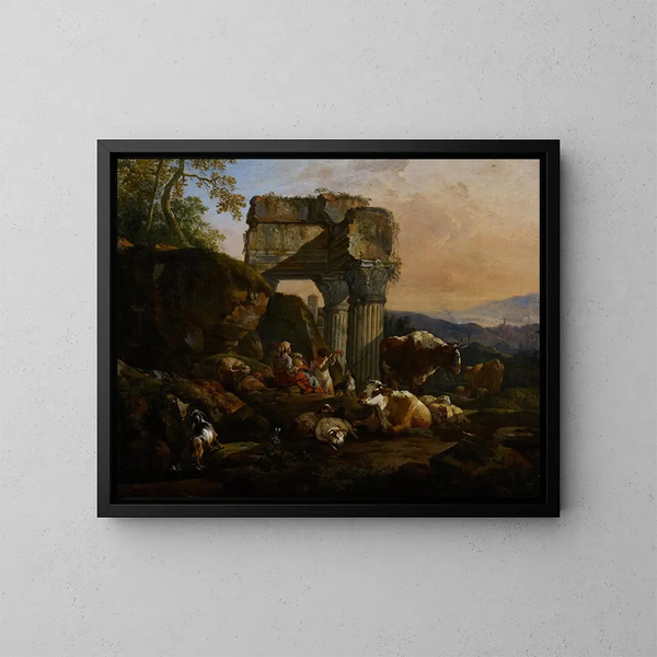 Paisaje romano con ganado y pastores - Johann Heinrich Roos — cuadro enmarcado en la pared