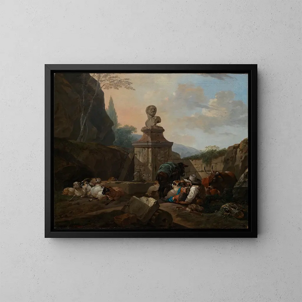 Bergère y rebaño cerca de una fuente romana - Johann Heinrich Roos — cuadro enmarcado en la pared