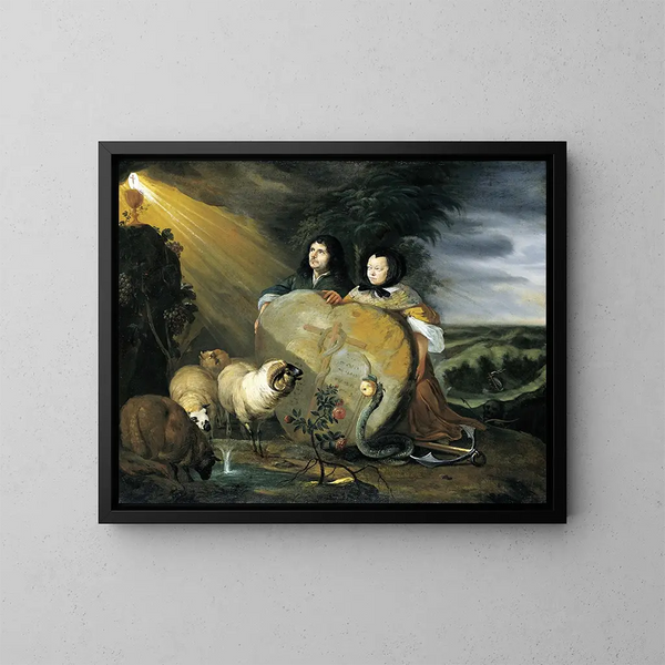 Autorretrato con su esposa y símbolos de la fe cristiana - Johann Heinrich Roos — cuadro enmarcado en la pared