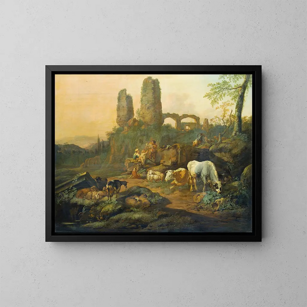 La familia de pastores descansando cerca de una ruina antigua - Johann Heinrich Roos — cuadro enmarcado en la pared