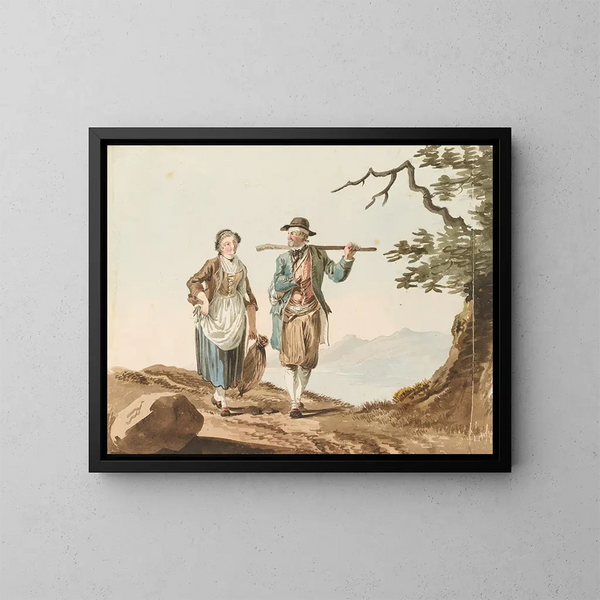 Pareja con traje junto al lago de Morat - Johann Karl Müllner — cuadro enmarcado en la pared