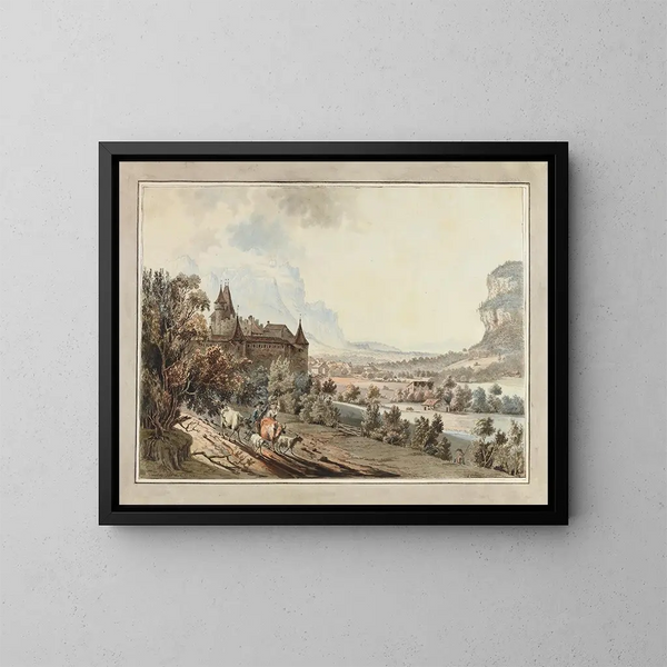 Vista del castillo de Aigle - Johann Karl Müllner — cuadro enmarcado en la pared