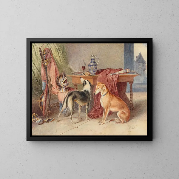 un interior con galgos y un bodegón con piezas de armadura - Johann Matthias Ranftl — cuadro enmarcado en la pared