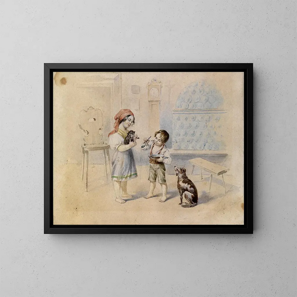 Sala de campesino con estufa de cerámica y niños - Johann Matthias Ranftl — cuadro enmarcado en la pared
