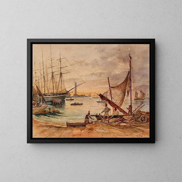 Una velada en el puerto de Trieste - Johann Nepomuk Passini — cuadro enmarcado en la pared