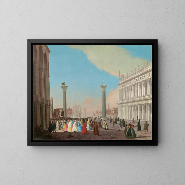 Venise, la Piazzetta vista desde el sur desde la basílica de San Marcos con la biblioteca y una multitud reunida para asistir a una actuación de Commedia dell'arte - Johann Richter — cuadro enmarcado en la pared