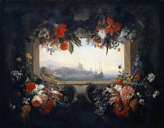 Johann Rudolf Bys - Flower Still Life Cartouche With Garland Inside A View Of A Seaport.webp