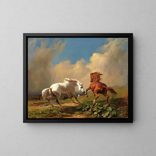 de caballos vacilantes ante una tormenta inminente - Johann Rudolf Koller — cuadro enmarcado en la pared
