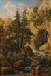 Paisaje forestal con cueva rocosa, torrente y personajes - Johann Samuel Hetzendorf — vista de la obra