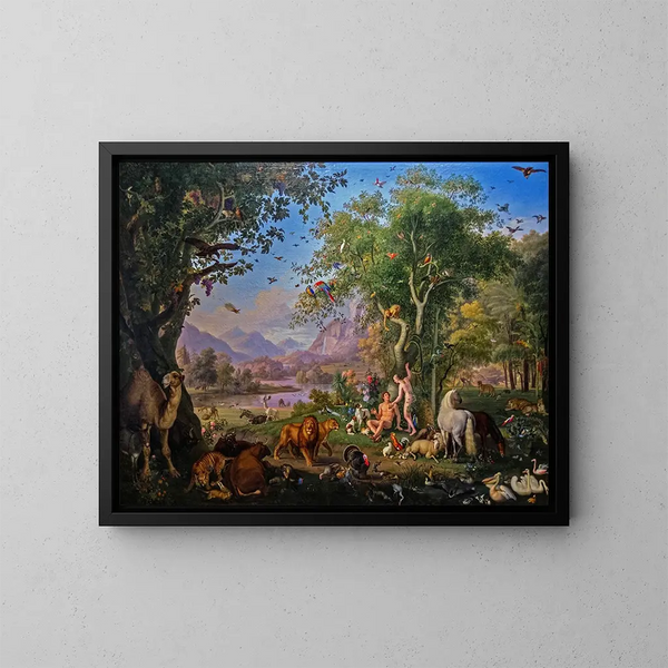 Adam y Eva en el jardín del Edén - Johann Wenzel Peter — cuadro enmarcado en la pared