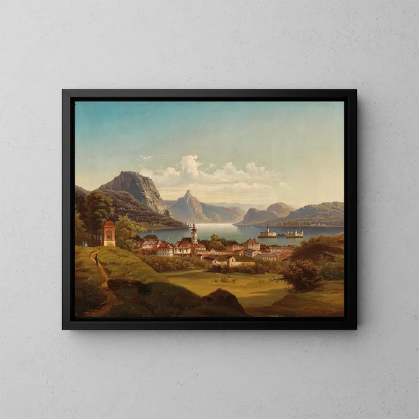 Gmunden with Ort Castle at Traunsee - Johann Wilhelm Jankowsky — framed artwork on a wall