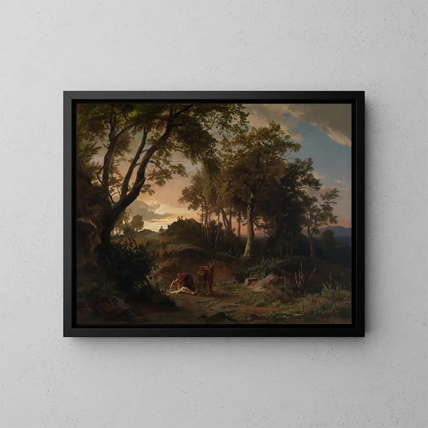 La noche, el rescate del viajero herido por el buen samaritano - Johann Wilhelm Schirmer — cuadro enmarcado en la pared