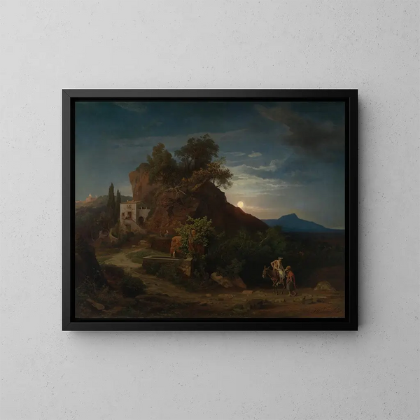 La noche. La llegada del Samaritano con el herido en la posada - Johann Wilhelm Schirmer — cuadro enmarcado en la pared