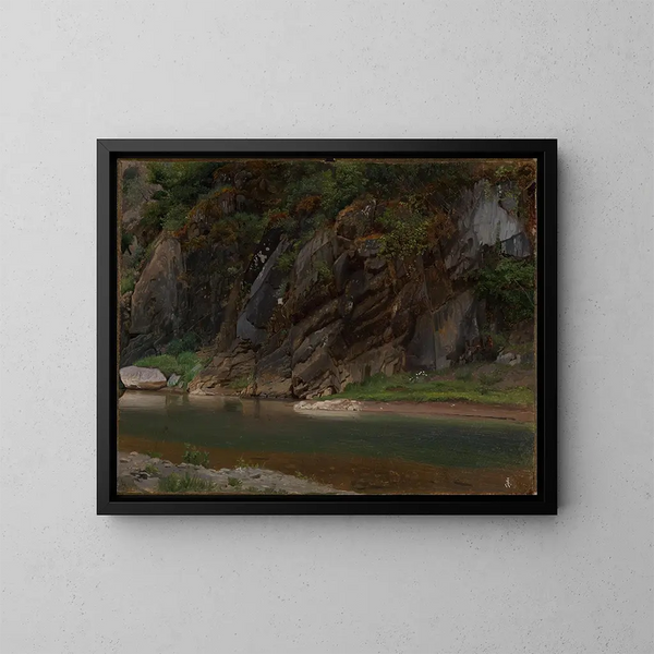 Río con orilla rocosa - Johann Wilhelm Schirmer — cuadro enmarcado en la pared