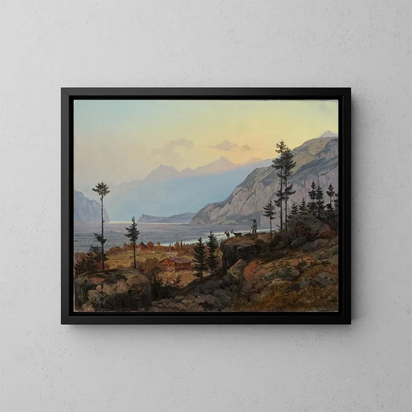 Paisaje alpino suizo con río y lago - Johann Wilhelm Schirmer — cuadro enmarcado en la pared