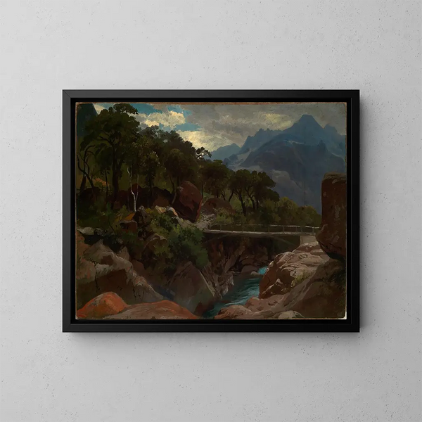 Río de montaña suiza con puente - Johann Wilhelm Schirmer — cuadro enmarcado en la pared