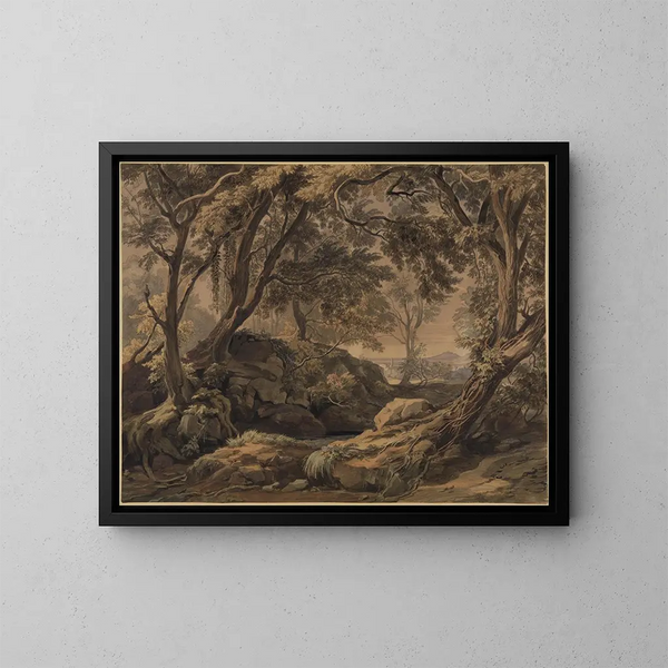Paisaje forestal con vista en Olevano y el Monte Cavo - Johann Wilhelm Schirmer — cuadro enmarcado en la pared