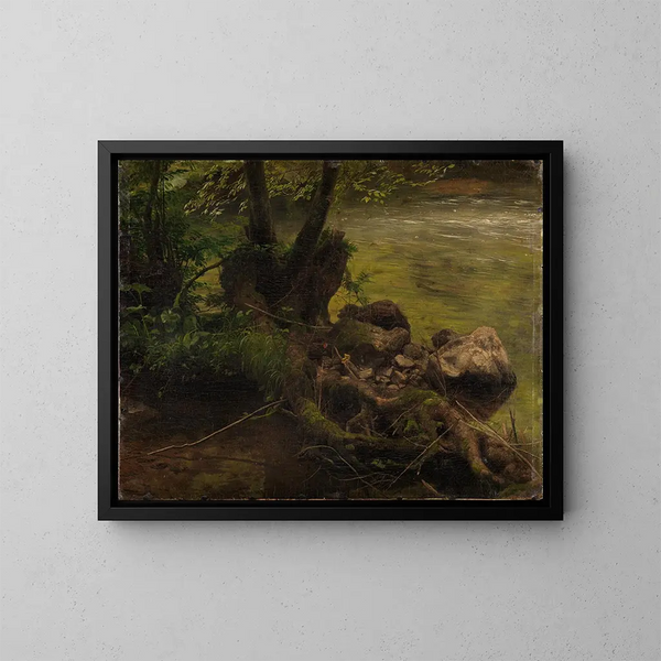 Racines y piedras al borde del arroyo - Johann Wilhelm Schirmer — cuadro enmarcado en la pared