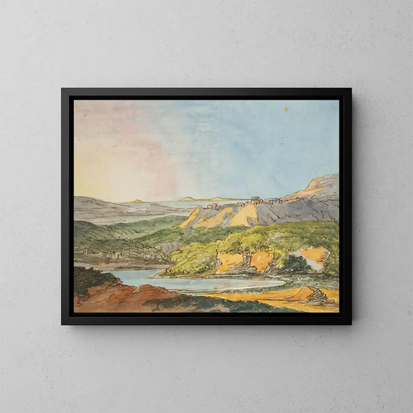 Paisaje del sur con mar, colinas boscosas y un cuerpo de agua en primer plano - Johann Wolfgang von Goethe — cuadro enmarcado en la pared