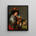 a man wearing a feathered hat and a fur stole playing a lute in front of a table with books - Johannes Baeck — framed artwork on a wall