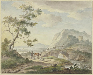 Johannes Christiaan Janson - ber eine steinerne Brcke geht ein Mann auf dem Weg ein Bauer mit einer Kuh und Schafen.webp