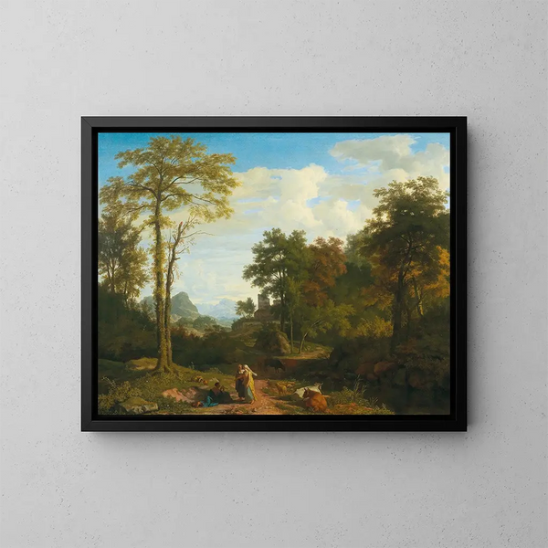 Un paisaje del sur con viajeros frente a una ciudad fortificada - Johannes Glauber — cuadro enmarcado en la pared