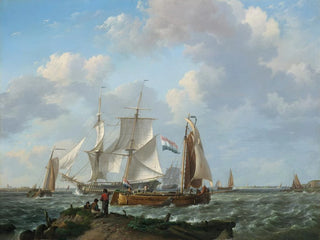 Johannes Hermanus Koekkoek - Ships in a squall with figures on shore.webp