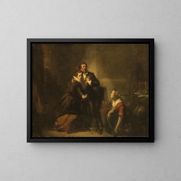 Hugo Grotius escapando de un mueble de biblioteca del castillo de Loevestein en 1621 - Johannes Hinderikus Egenberger — cuadro enmarcado en la pared