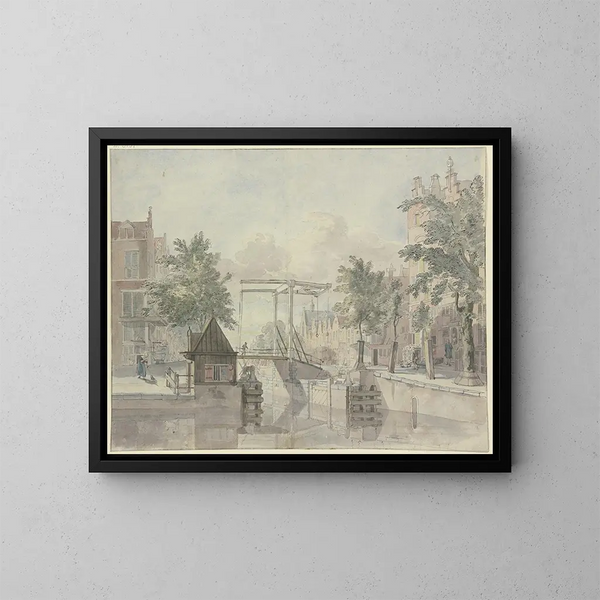 Canal con puerta de esclusa a la izquierda, una campesina barre la calle - Johannes Huibert Prins — cuadro enmarcado en la pared