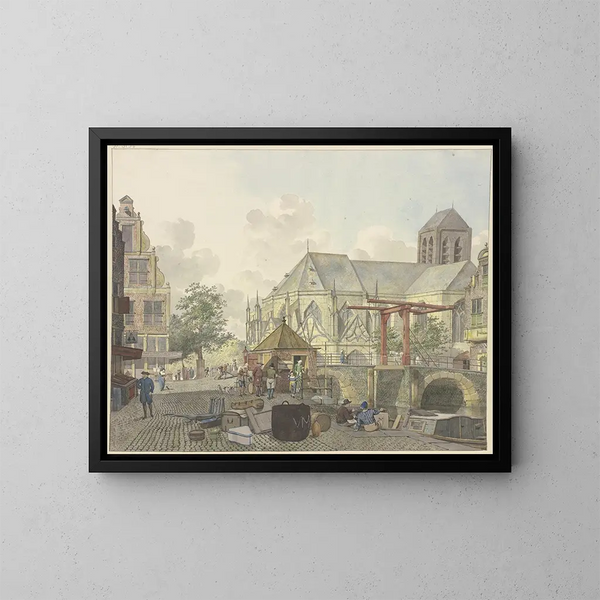 Puerta de descarga cerca de una iglesia con una oficina de aduanas - Johannes Huibert Prins — cuadro enmarcado en la pared
