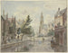 puente de madera sobre un canal con una catedral al fondo y una linterna a la derecha de la casa - Johannes Huibert Prins — vista de la obra