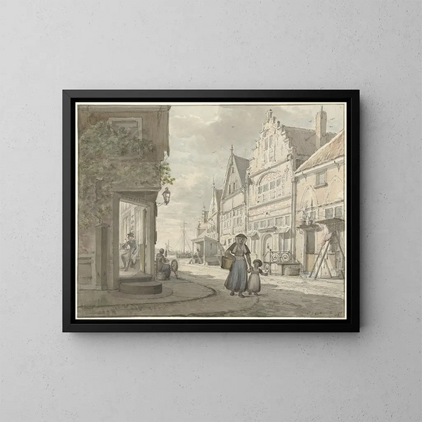 Mujer y niño caminando en un pueblo de pescadores - Johannes Jelgerhuis — cuadro enmarcado en la pared