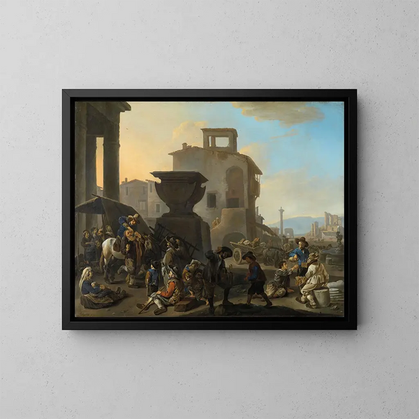 Italian Market Painting with a Charlatan Dentist - Johannes Lingelbach — framed artwork on a wall