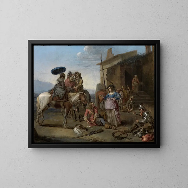 Los viajeros se detienen frente a una osteria - Johannes Lingelbach — cuadro enmarcado en la pared