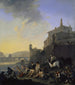 Río con baño de gitanos cerca de una ciudad italiana - Johannes Lingelbach — vista de la obra