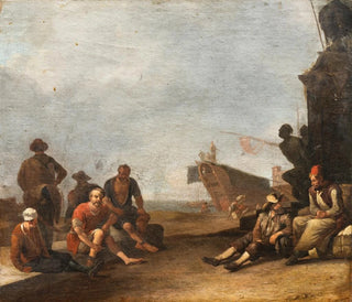 Johannes Lingelbach - View on a Sourthern harbor with merchants and prisoners a ship and the statue of Ferdinand I de Medici in Livorno.webp