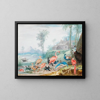 Johannes van Bronckhorst - A Group Of Exotic Birds In A Landscape Beneath Palm Trees A Building And Mountains Beyond.webp
