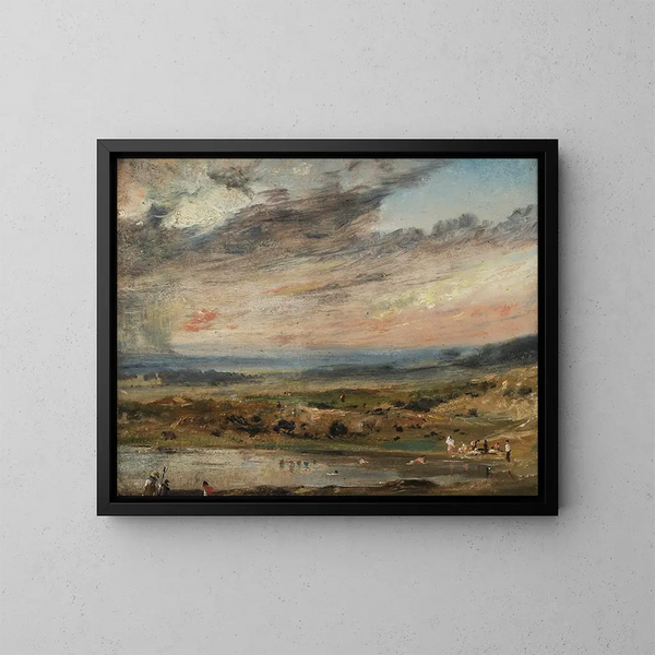 Hampstead Heath painting with pond and bathers - John Constable — framed artwork on a wall