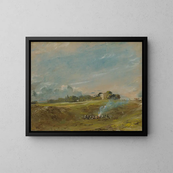 Hampstead Heath painting with a bonfire - John Constable — framed artwork on a wall
