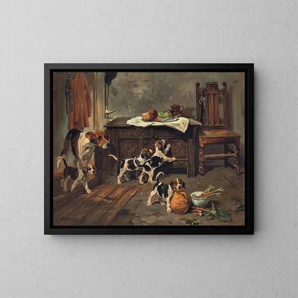 Perros y cachorros en un interior - John Emms — cuadro enmarcado en la pared