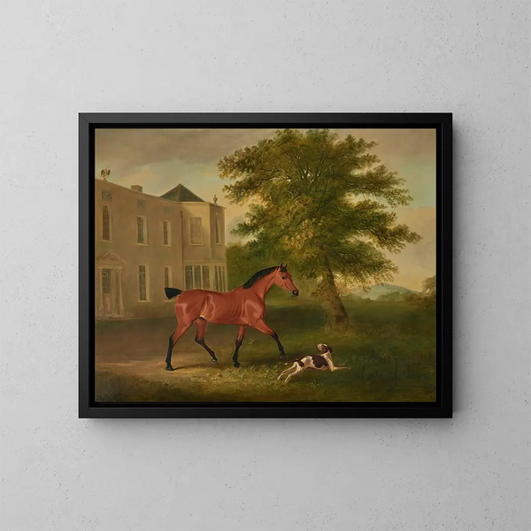 Un caballo alazán y un perro frente a Humewood Manor cerca de Wicklow - John Ferneley — cuadro enmarcado en la pared