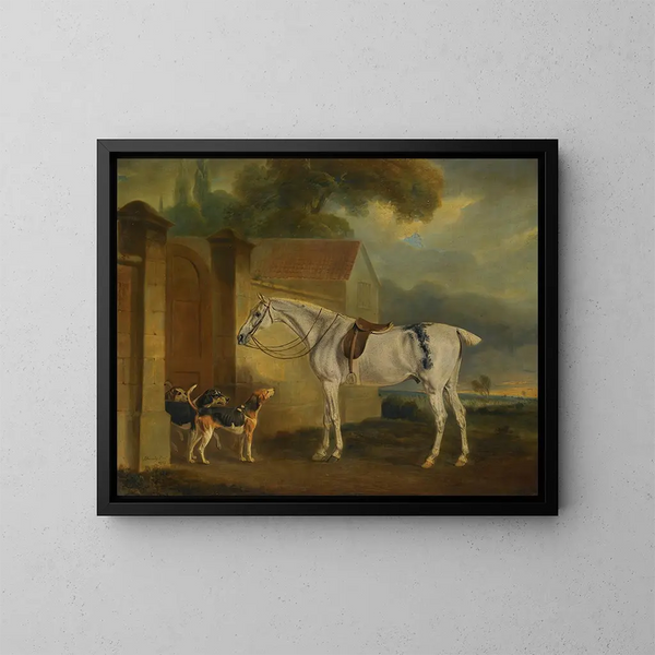 El caballo gris picado de Lord Lonsdale en Cottesmore con los perros de Cottesmore - John Ferneley — cuadro enmarcado en la pared