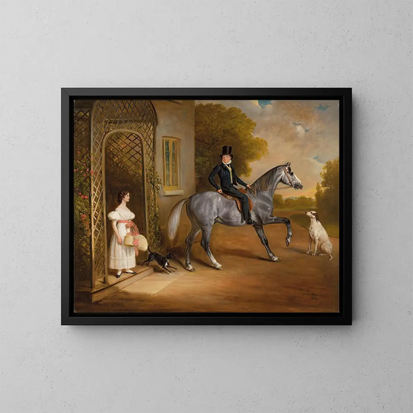 Maître John Marriott sobre un caballo gris con su hermana Annis y sus perros delante de los Olmos en Cropwell Butler - John Ferneley — cuadro enmarcado en la pared